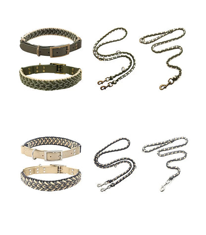 Hand-Woven Dog Collar and Leash Set Adjustable PU Leather Pet Collar Strong Climbing Rope Dog Lead for Small Medium Large Dogs