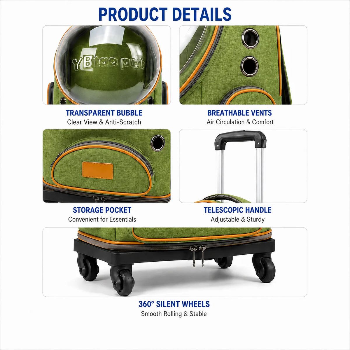 Luxury Rolling Wheels Pet Carrier Backpack Zipper Solid Nylon Polyester Transparent Bubble Window Breathable Travel Trolley Bag