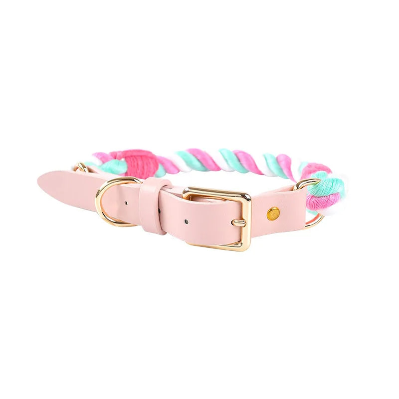 Wholesale Handmade Woven Colorful Pet Dog Leash Set Leather Dog Collar Supplies Cross-Border