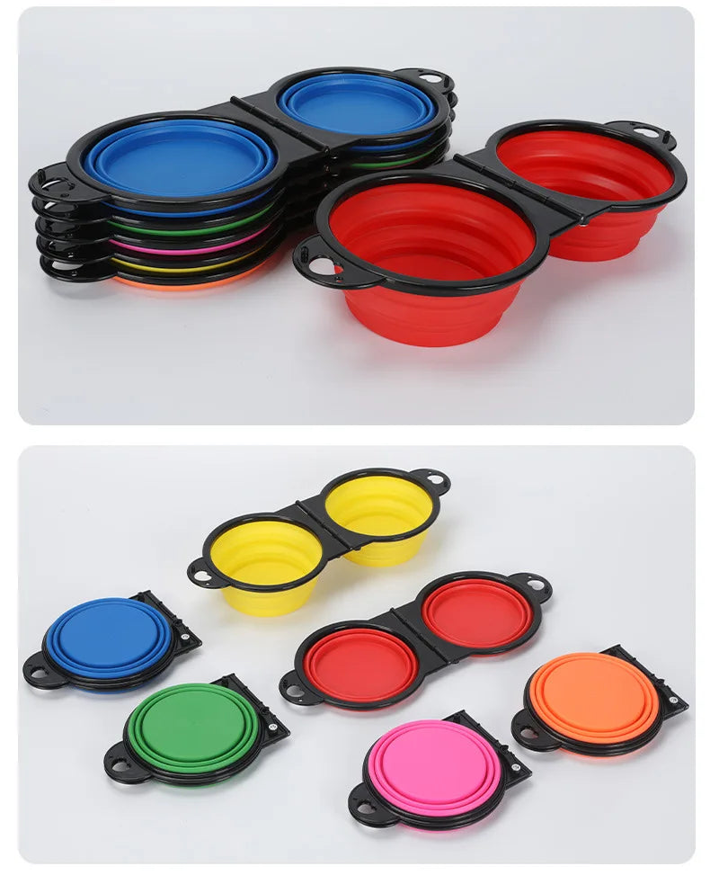 Pet Folding Bowl Convenient One Piece Outdoor Silicone Folding Double Bowl Outdoor Dog Water Feeding Bowl Dog Basin Pet Supplies