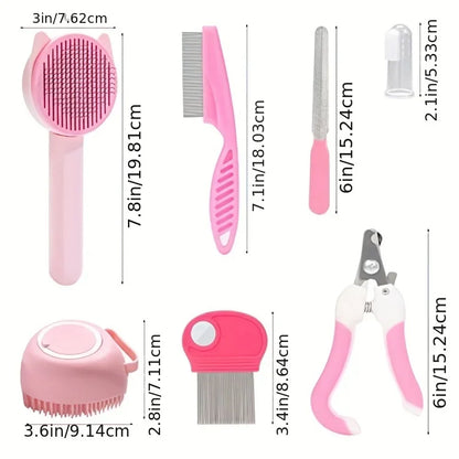8Pcs Combo Set Cat Brush Beauty Kit with Pet Nail Clippers and Files Pet Self-Cleaning Kit Flea Comb Pet Shampoo Bath Brush Pet