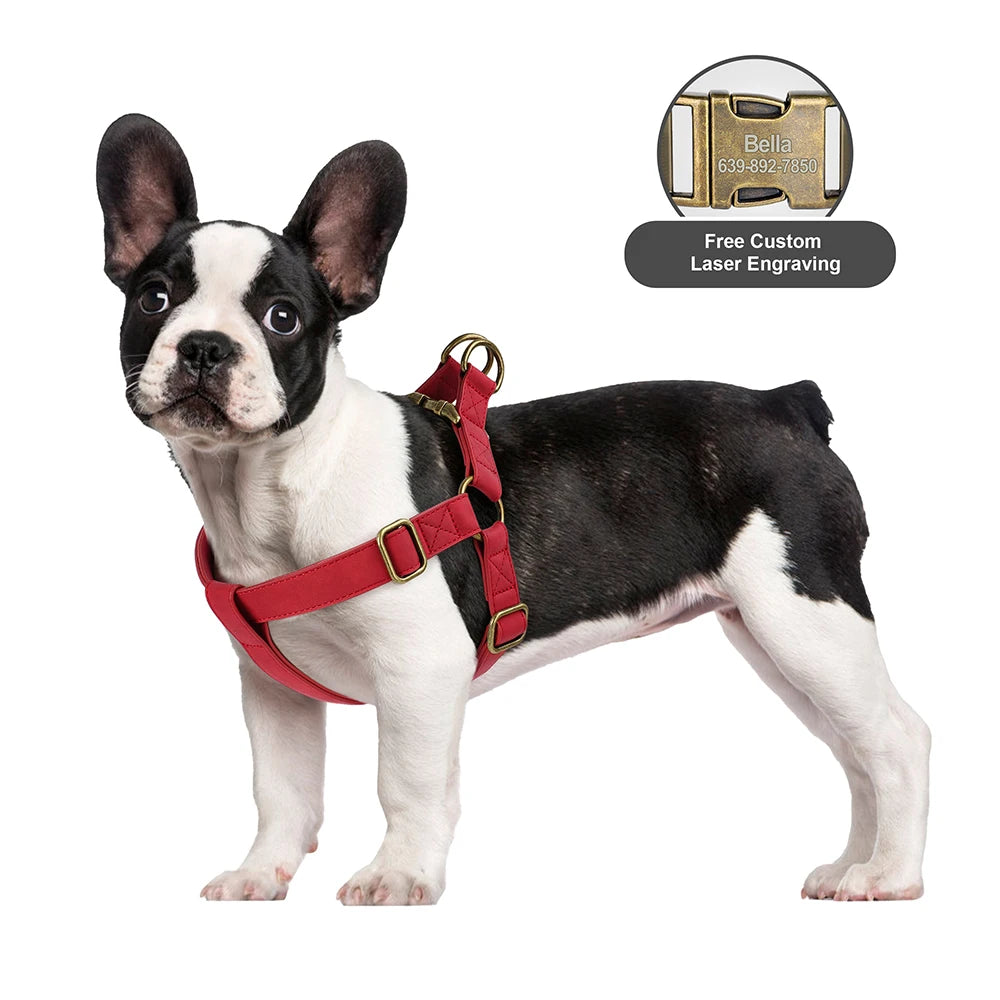 Personalized Dog Harness and Leash Set PU Leather Dogs Harness Free Engraved ID Buckle for Small Medium Large Dogs Pitbull Pug