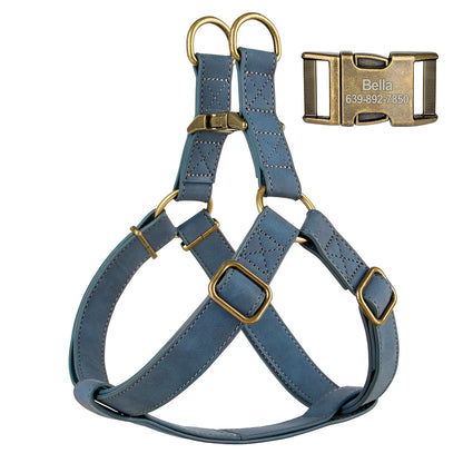 Personalized Dog Harness and Leash Set PU Leather Dogs Harness Free Engraved ID Buckle for Small Medium Large Dogs Pitbull Pug