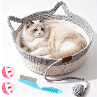Cat Instinct Basket - Hand-woven Cotton Rope Fun Bed, Equipped with a Toy Tail, Suitable for Scratching and Interactive Pet