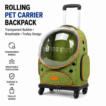 Luxury Rolling Wheels Pet Carrier Backpack Zipper Solid Nylon Polyester Transparent Bubble Window Breathable Travel Trolley Bag