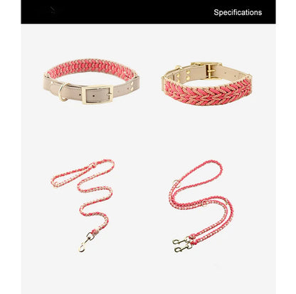 Hand-Woven Dog Collar and Leash Set Adjustable PU Leather Pet Collar Strong Climbing Rope Dog Lead for Small Medium Large Dogs