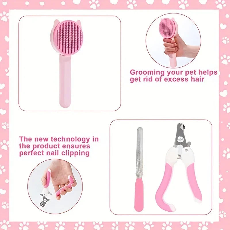 8Pcs Combo Set Cat Brush Beauty Kit with Pet Nail Clippers and Files Pet Self-Cleaning Kit Flea Comb Pet Shampoo Bath Brush Pet
