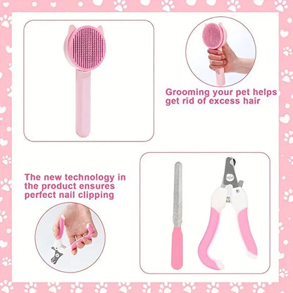 8Pcs Combo Set Cat Brush Beauty Kit with Pet Nail Clippers and Files Pet Self-Cleaning Kit Flea Comb Pet Shampoo Bath Brush Pet