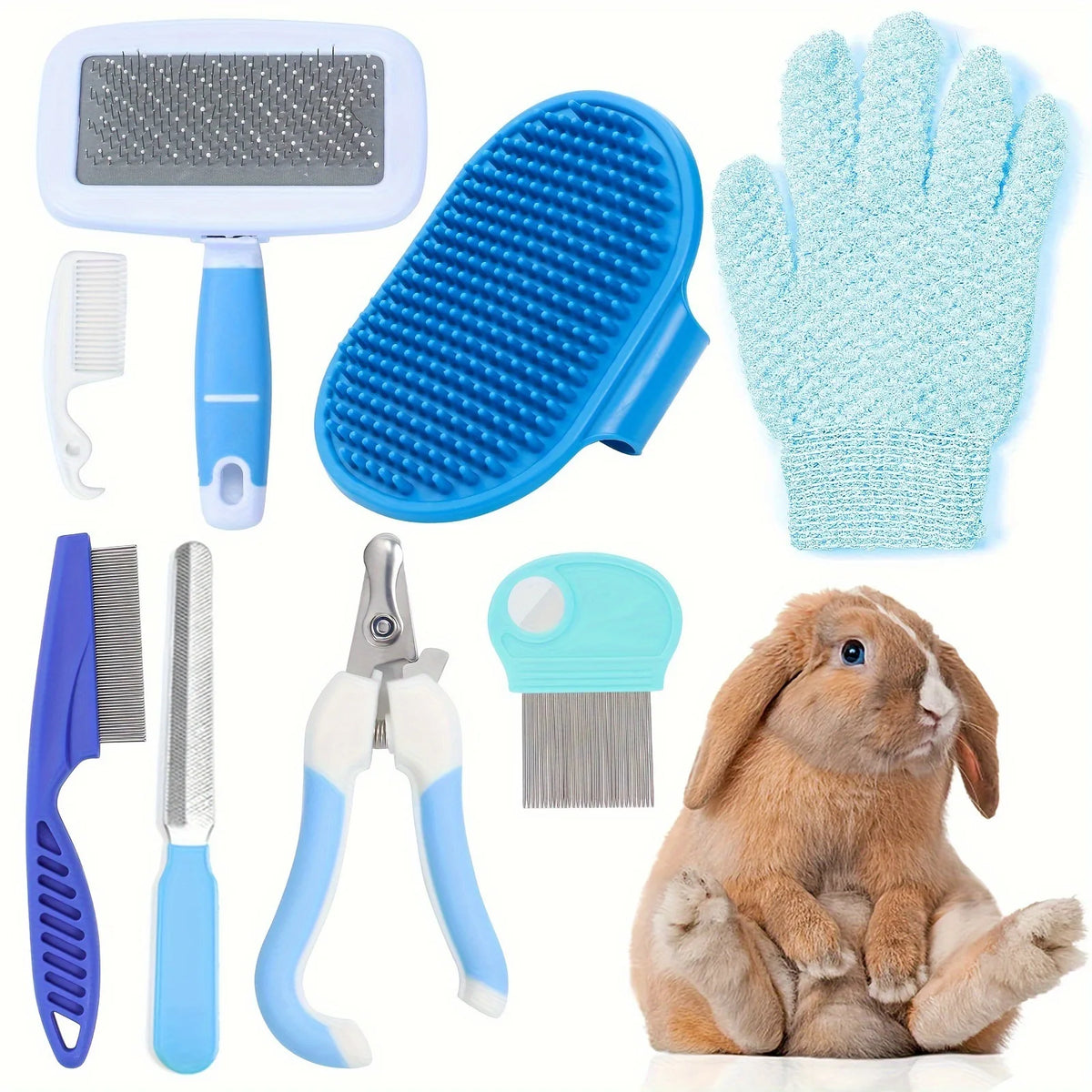 8Pcs Combo Set Cat Brush Beauty Kit with Pet Nail Clippers and Files Pet Self-Cleaning Kit Flea Comb Pet Shampoo Bath Brush Pet