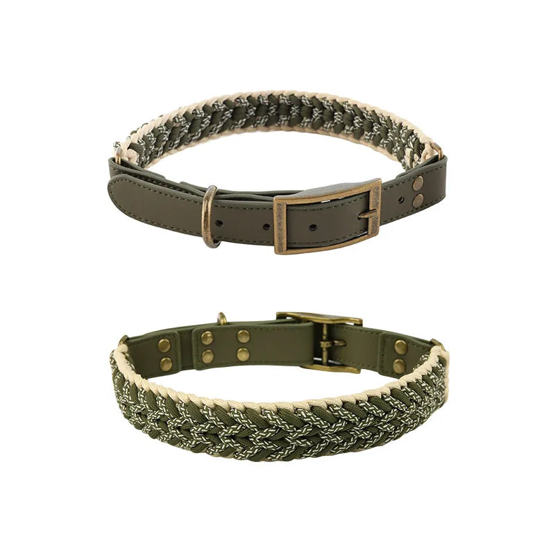 Hand-Woven Dog Collar and Leash Set Adjustable PU Leather Pet Collar Strong Climbing Rope Dog Lead for Small Medium Large Dogs