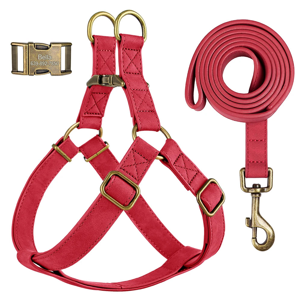 Personalized Dog Harness and Leash Set PU Leather Dogs Harness Free Engraved ID Buckle for Small Medium Large Dogs Pitbull Pug