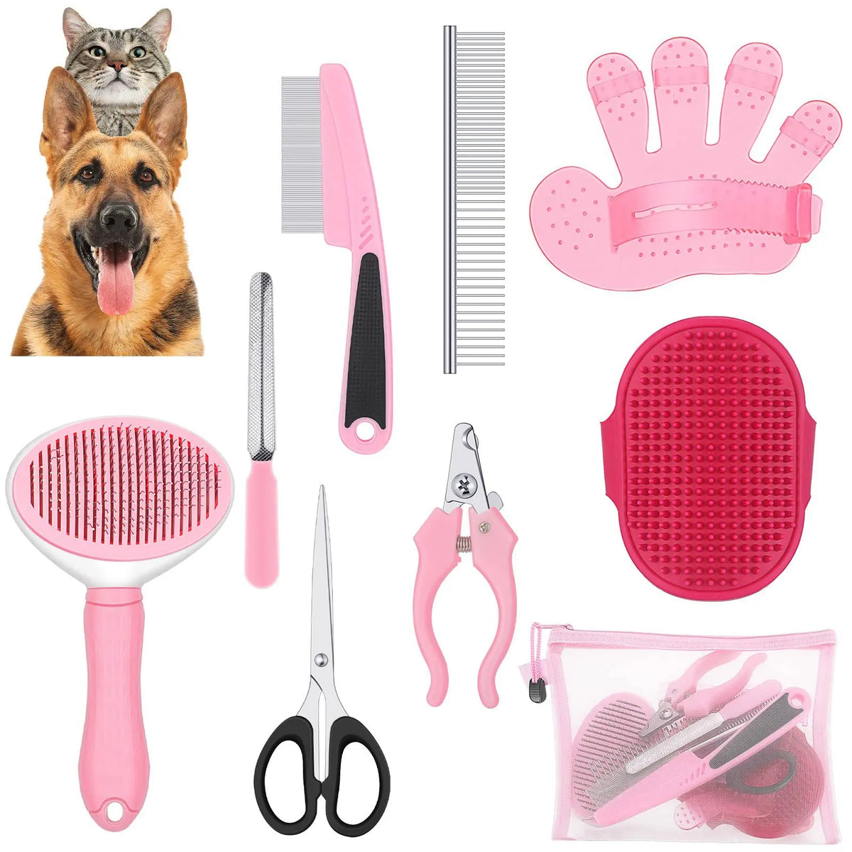 8Pcs Combo Set Cat Brush Beauty Kit with Pet Nail Clippers and Files Pet Self-Cleaning Kit Flea Comb Pet Shampoo Bath Brush Pet