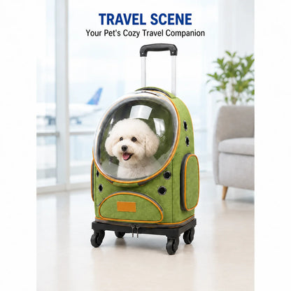 Luxury Rolling Wheels Pet Carrier Backpack Zipper Solid Nylon Polyester Transparent Bubble Window Breathable Travel Trolley Bag
