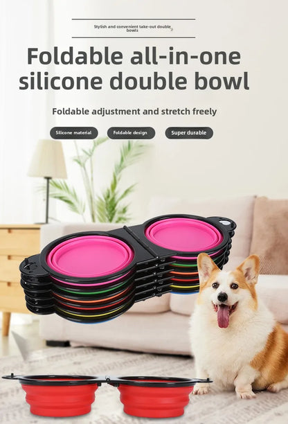 Pet Folding Bowl Convenient One Piece Outdoor Silicone Folding Double Bowl Outdoor Dog Water Feeding Bowl Dog Basin Pet Supplies