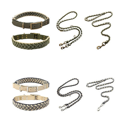 Hand-Woven Dog Collar and Leash Set Adjustable PU Leather Pet Collar Strong Climbing Rope Dog Lead for Small Medium Large Dogs