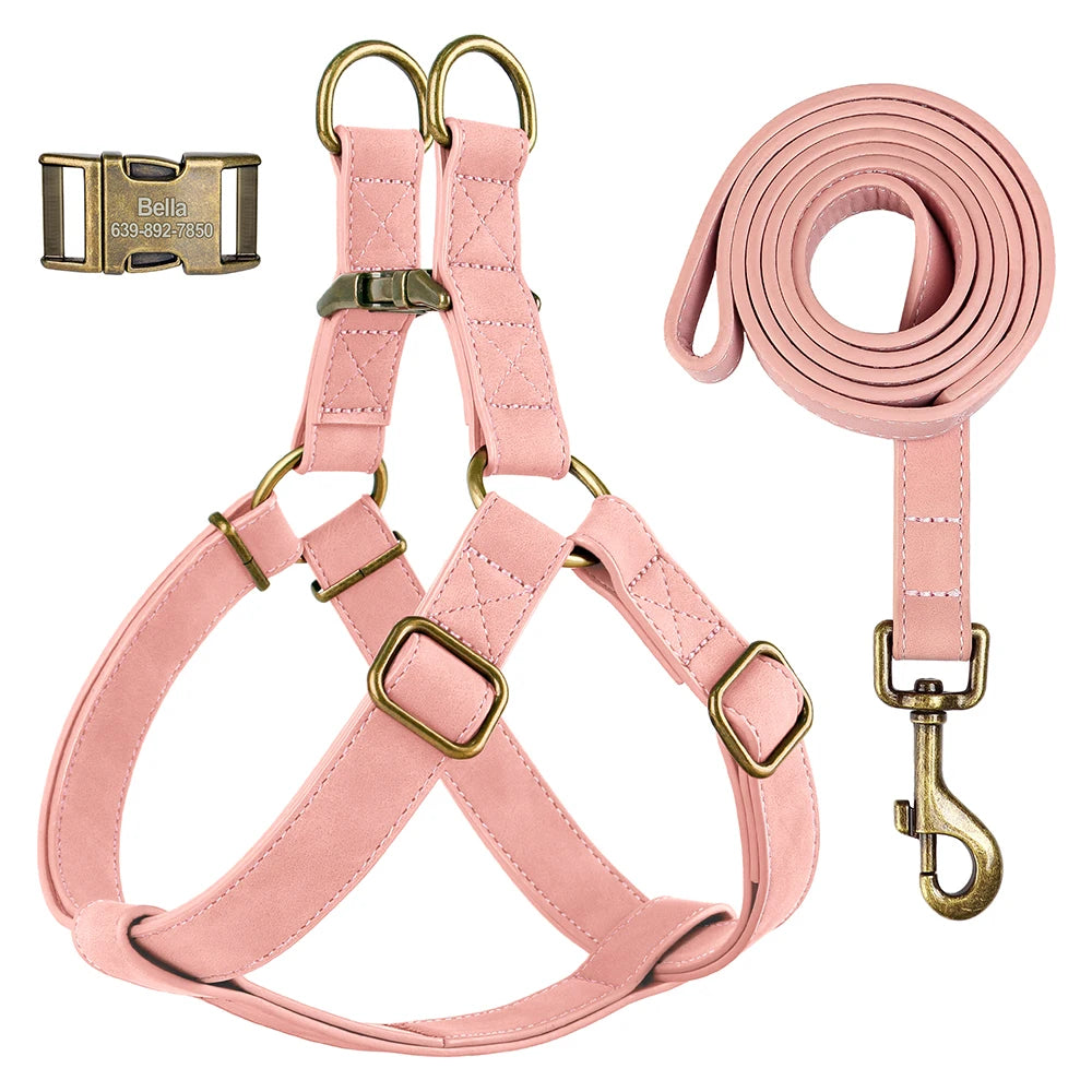 Personalized Dog Harness and Leash Set PU Leather Dogs Harness Free Engraved ID Buckle for Small Medium Large Dogs Pitbull Pug