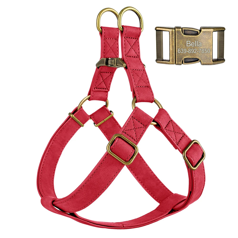 Personalized Dog Harness and Leash Set PU Leather Dogs Harness Free Engraved ID Buckle for Small Medium Large Dogs Pitbull Pug