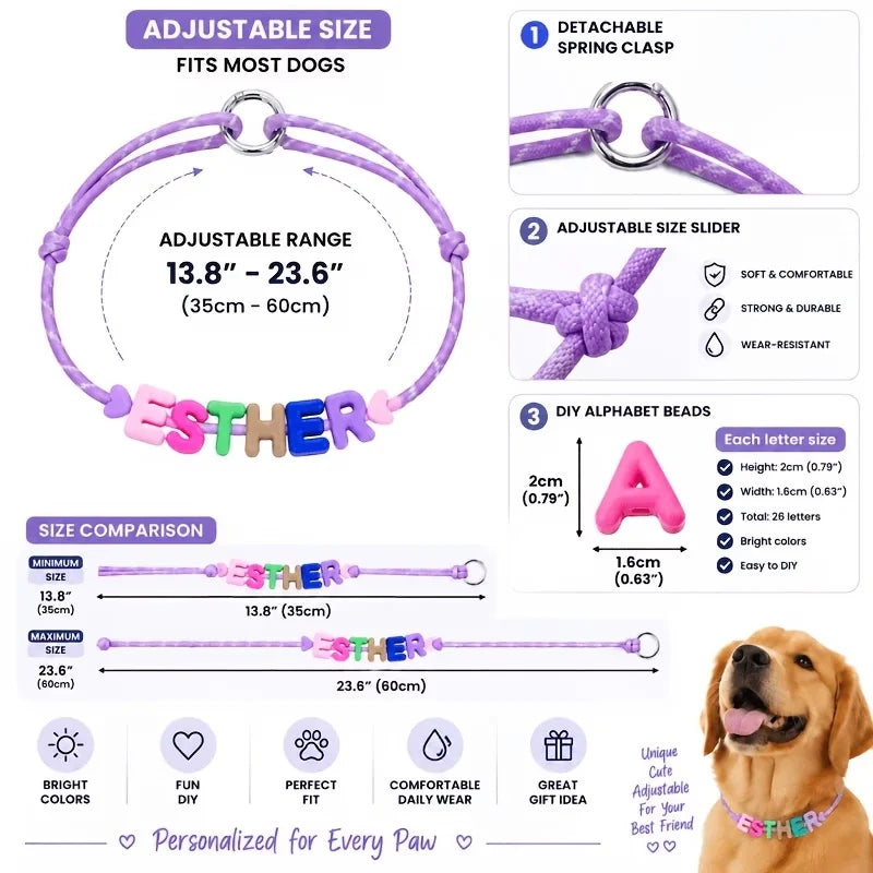 Personalized Pet Name Necklace Adjustable Colorful Letter Bead Collar Custom Puppy Dog Cat ID Jewelry Gift 1-12 Letters