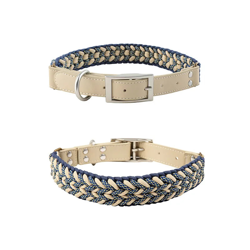 Hand-Woven Dog Collar and Leash Set Adjustable PU Leather Pet Collar Strong Climbing Rope Dog Lead for Small Medium Large Dogs