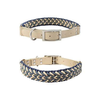 Hand-Woven Dog Collar and Leash Set Adjustable PU Leather Pet Collar Strong Climbing Rope Dog Lead for Small Medium Large Dogs
