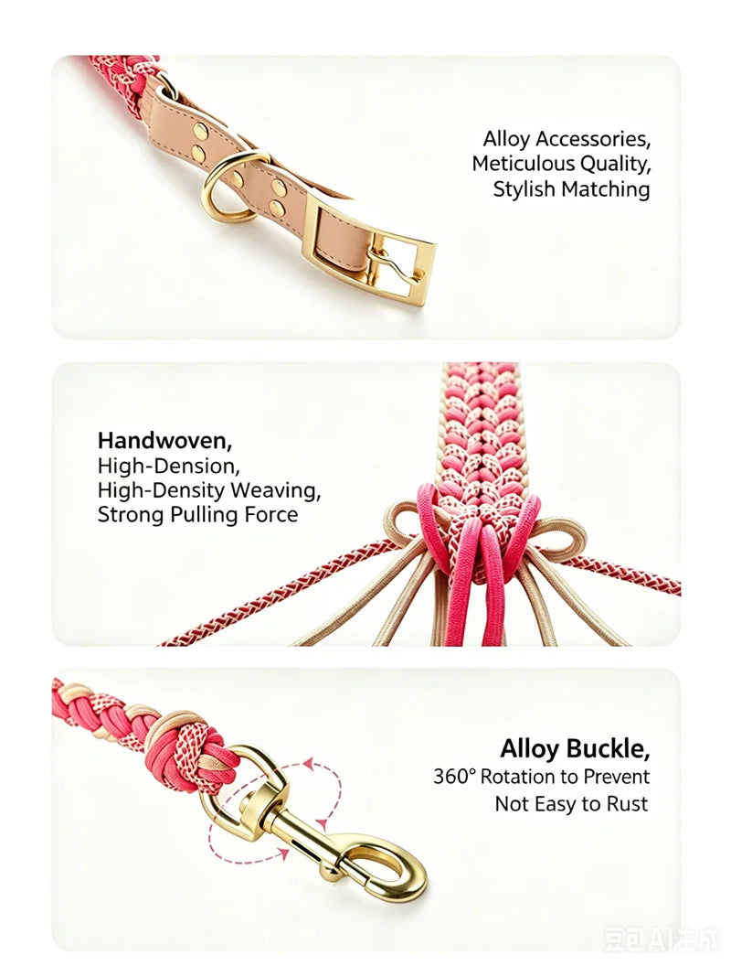 Hand-Woven Dog Collar and Leash Set Adjustable PU Leather Pet Collar Strong Climbing Rope Dog Lead for Small Medium Large Dogs