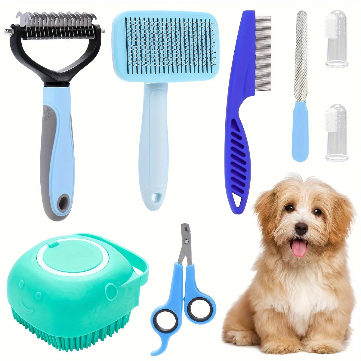 8Pcs Combo Set Cat Brush Beauty Kit with Pet Nail Clippers and Files Pet Self-Cleaning Kit Flea Comb Pet Shampoo Bath Brush Pet