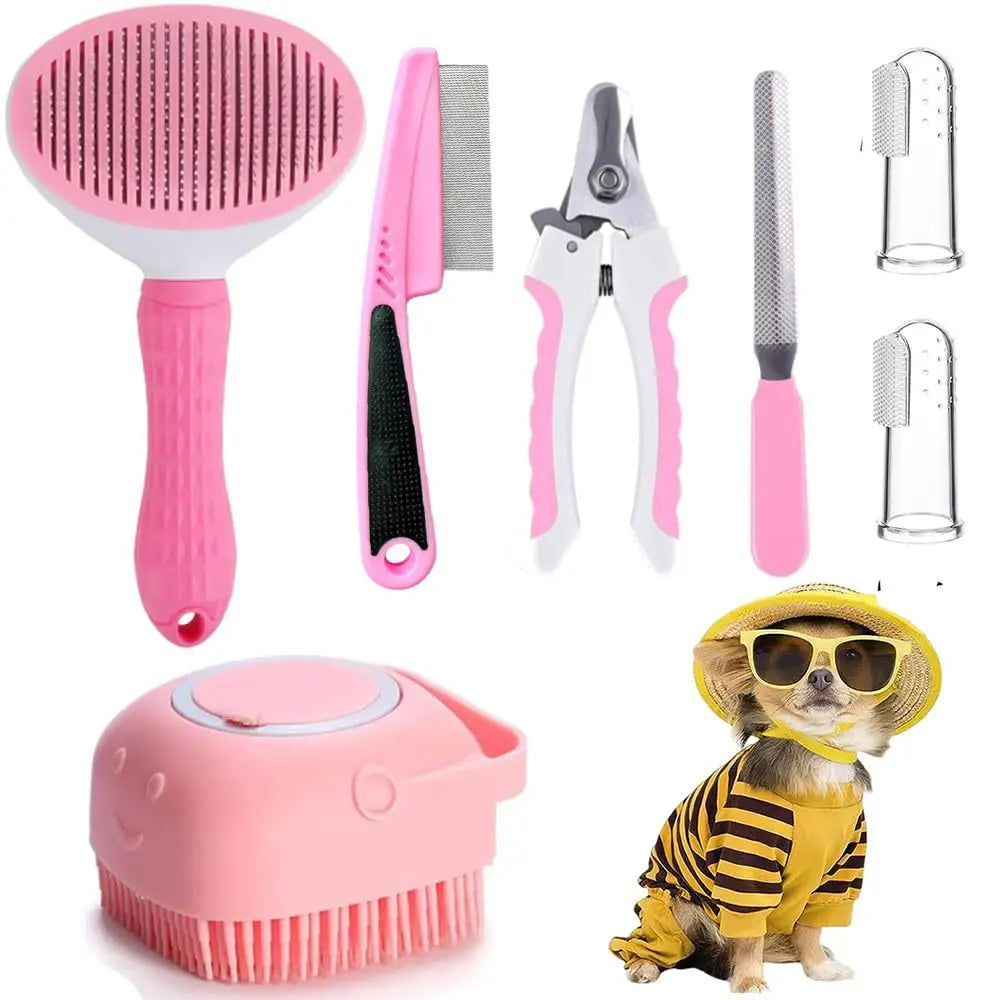 8Pcs Combo Set Cat Brush Beauty Kit with Pet Nail Clippers and Files Pet Self-Cleaning Kit Flea Comb Pet Shampoo Bath Brush Pet