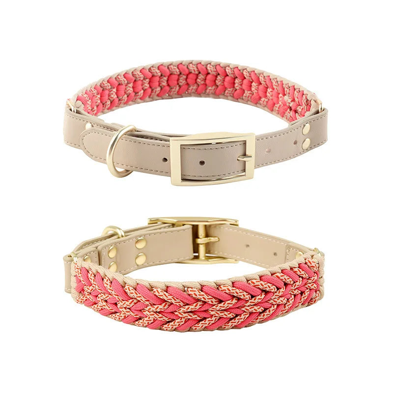 Hand-Woven Dog Collar and Leash Set Adjustable PU Leather Pet Collar Strong Climbing Rope Dog Lead for Small Medium Large Dogs