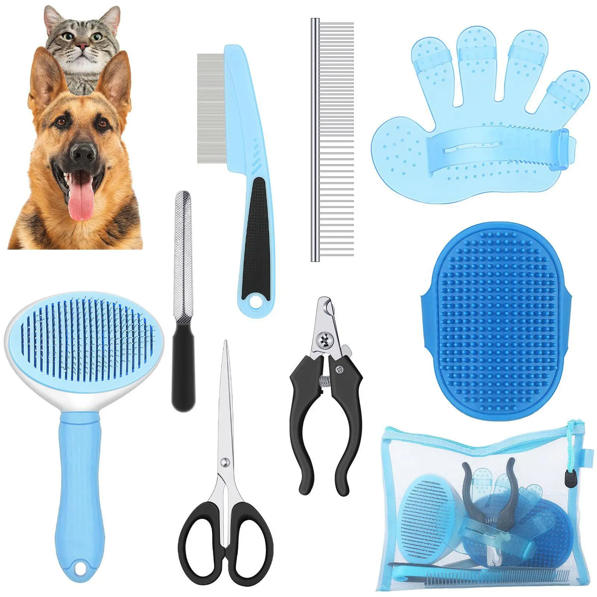 8Pcs Combo Set Cat Brush Beauty Kit with Pet Nail Clippers and Files Pet Self-Cleaning Kit Flea Comb Pet Shampoo Bath Brush Pet