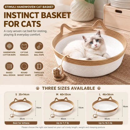 Cat Instinct Basket - Hand-woven Cotton Rope Fun Bed, Equipped with a Toy Tail, Suitable for Scratching and Interactive Pet
