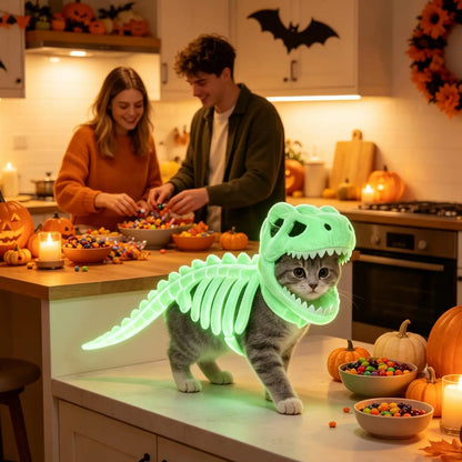 3D Skeleton Pet Dinosaur Costume Realistic Dinosaur Skeleton Costume Wearable Cat/Dog Halloween Costumes Pet Dino Hood Outfits