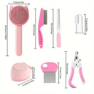 8Pcs Combo Set Cat Brush Beauty Kit with Pet Nail Clippers and Files Pet Self-Cleaning Kit Flea Comb Pet Shampoo Bath Brush Pet