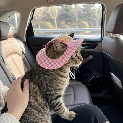 Breathable Pet Bucket Hat Adjustable Plaid Print Dog Sunshade Hat With Ear Hole Cartoon  Cat  For Travel Hiking Outdoor