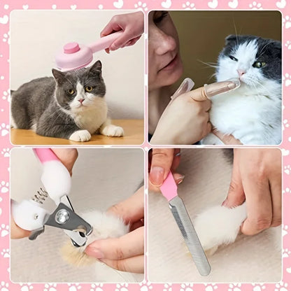8Pcs Combo Set Cat Brush Beauty Kit with Pet Nail Clippers and Files Pet Self-Cleaning Kit Flea Comb Pet Shampoo Bath Brush Pet