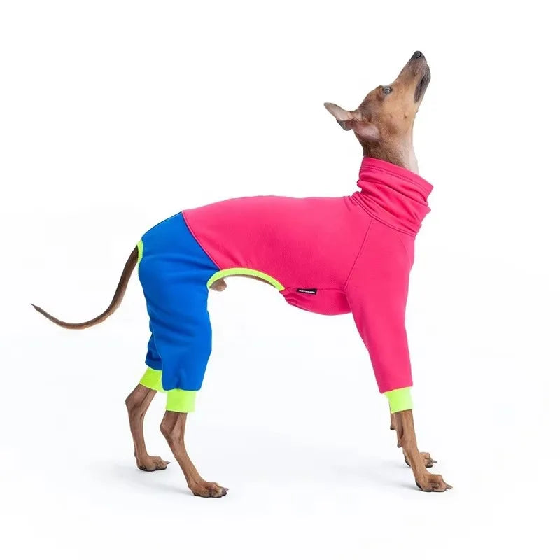 Warm Dog Clothes, High Neck Fleece Jumpsuit for Greyhound Whippet Dogs, Four-Legged Stretchy Pet Pajamas, Soft Full Body Clothes