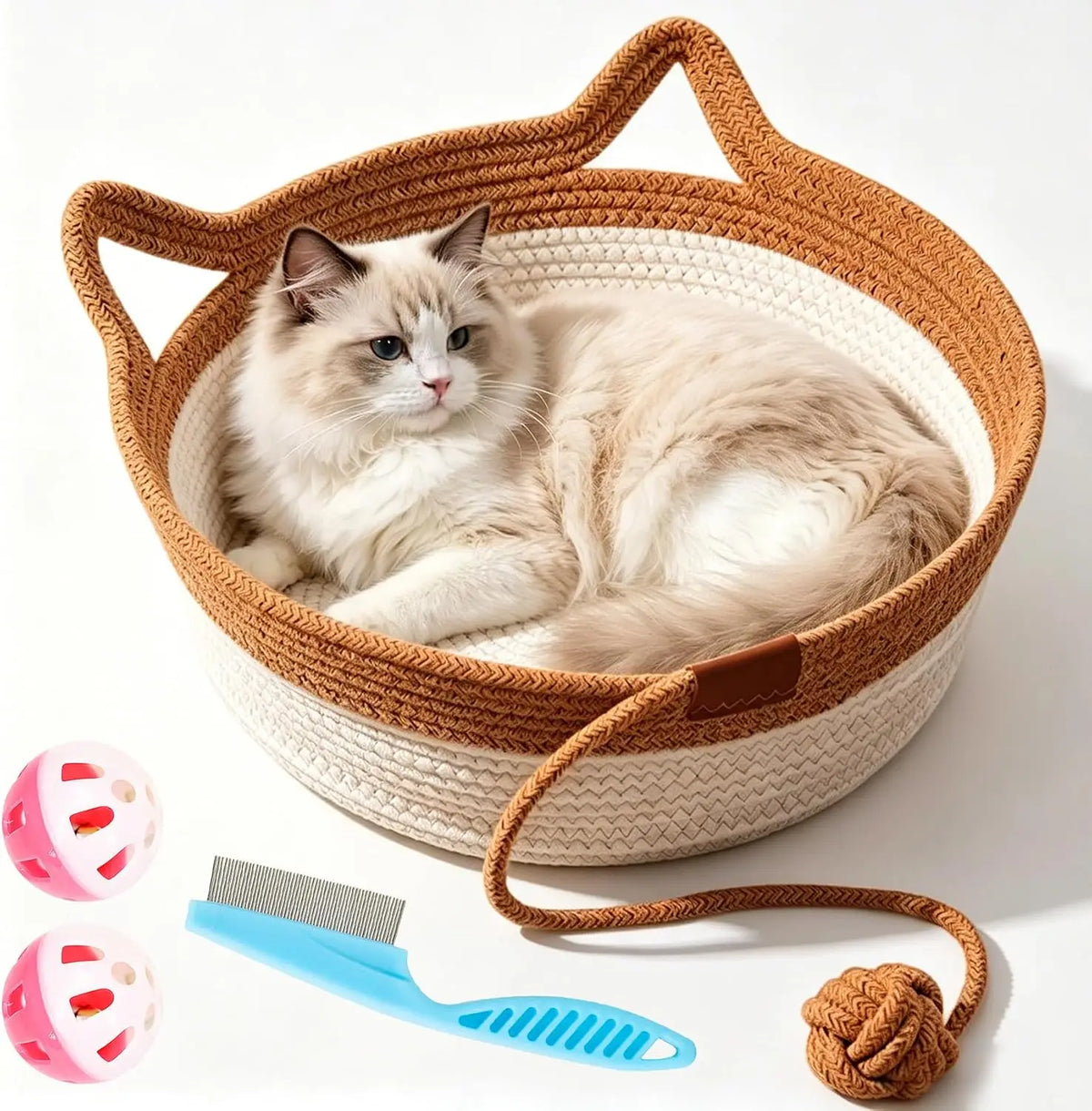 Cat Instinct Basket - Hand-woven Cotton Rope Fun Bed, Equipped with a Toy Tail, Suitable for Scratching and Interactive Pet