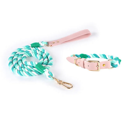 Wholesale Handmade Woven Colorful Pet Dog Leash Set Leather Dog Collar Supplies Cross-Border