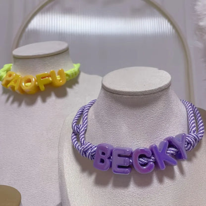 Custom Acrylic Letter Pet Collar with Rainbow Name Beads, Adjustable Woven Rope Collar for Cats Dogs