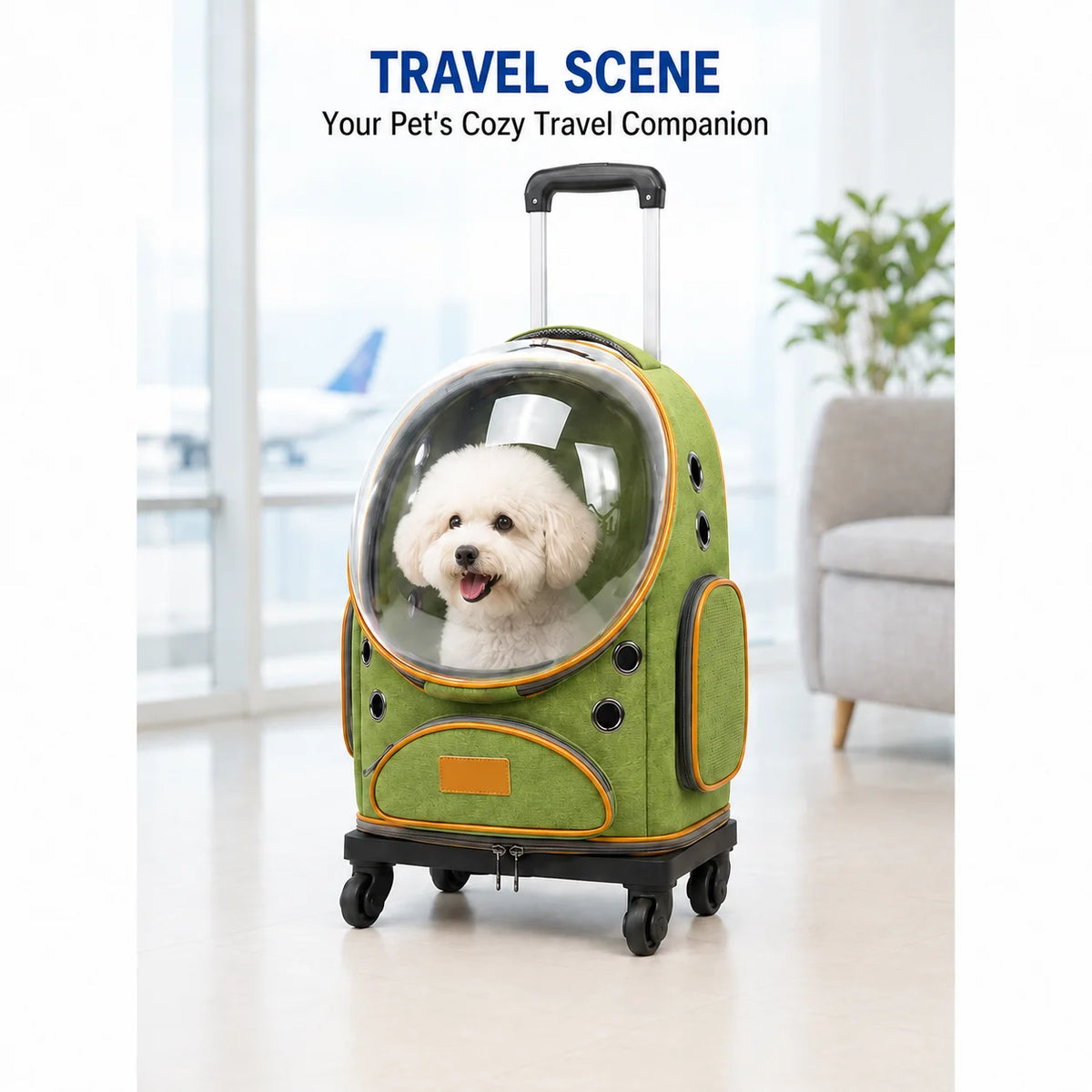 Luxury Rolling Wheels Pet Carrier Backpack Zipper Solid Nylon Polyester Transparent Bubble Window Breathable Travel Trolley Bag