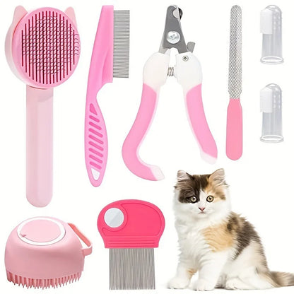 8Pcs Combo Set Cat Brush Beauty Kit with Pet Nail Clippers and Files Pet Self-Cleaning Kit Flea Comb Pet Shampoo Bath Brush Pet