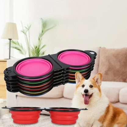 Pet Folding Bowl Convenient One Piece Outdoor Silicone Folding Double Bowl Outdoor Dog Water Feeding Bowl Dog Basin Pet Supplies