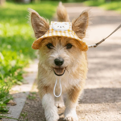 Breathable Pet Bucket Hat Adjustable Plaid Print Dog Sunshade Hat With Ear Hole Cartoon  Cat  For Travel Hiking Outdoor