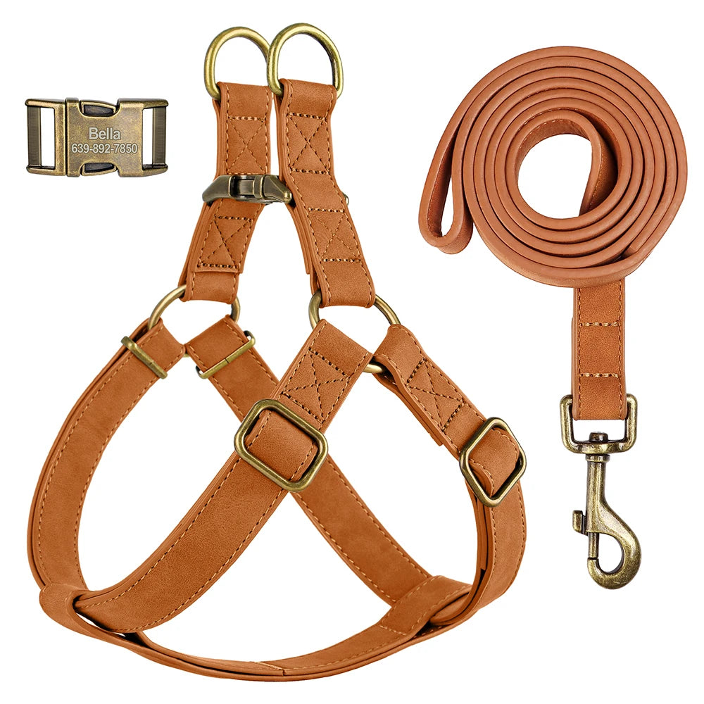 Personalized Dog Harness and Leash Set PU Leather Dogs Harness Free Engraved ID Buckle for Small Medium Large Dogs Pitbull Pug