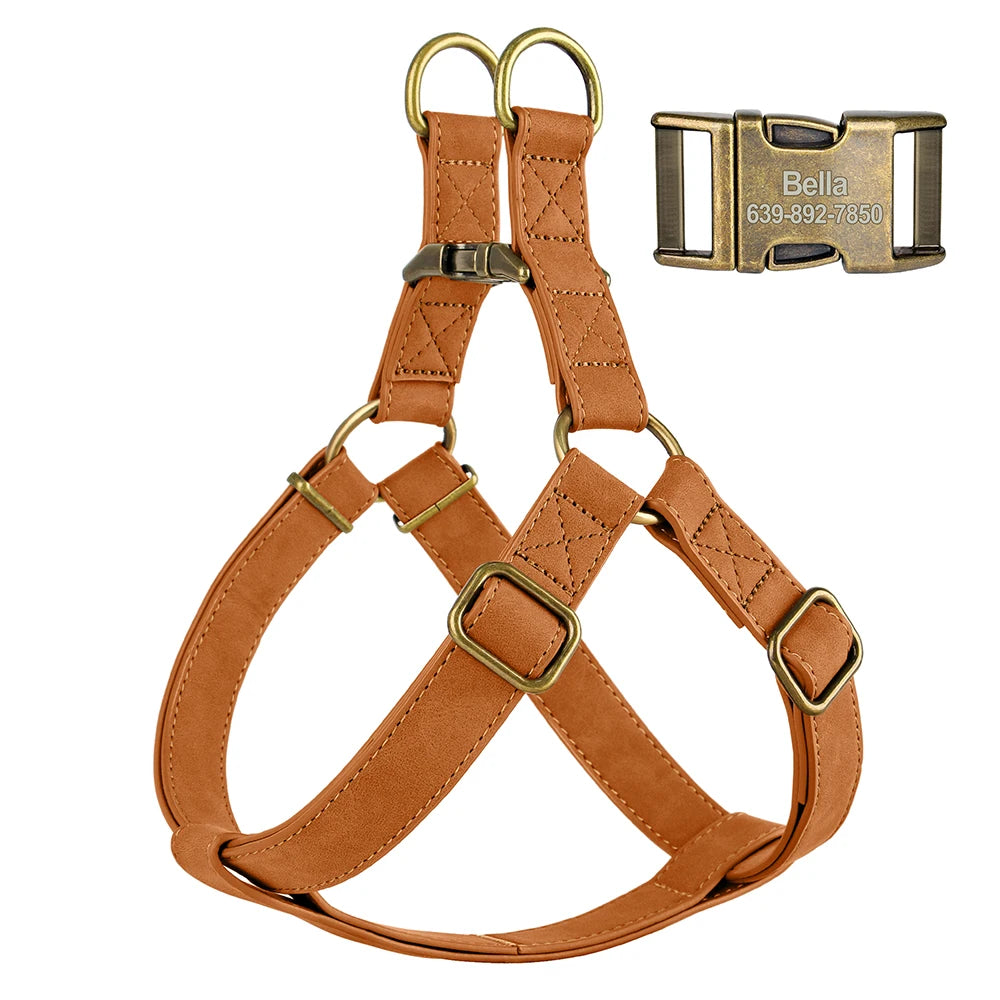 Personalized Dog Harness and Leash Set PU Leather Dogs Harness Free Engraved ID Buckle for Small Medium Large Dogs Pitbull Pug