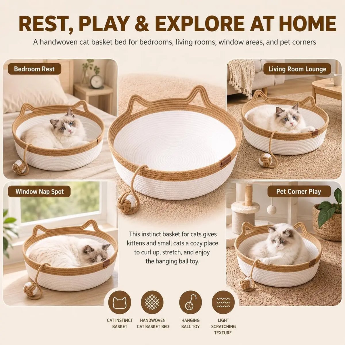 Cat Instinct Basket - Hand-woven Cotton Rope Fun Bed, Equipped with a Toy Tail, Suitable for Scratching and Interactive Pet