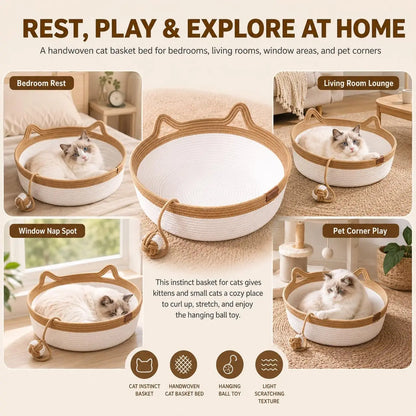 Cat Instinct Basket - Hand-woven Cotton Rope Fun Bed, Equipped with a Toy Tail, Suitable for Scratching and Interactive Pet
